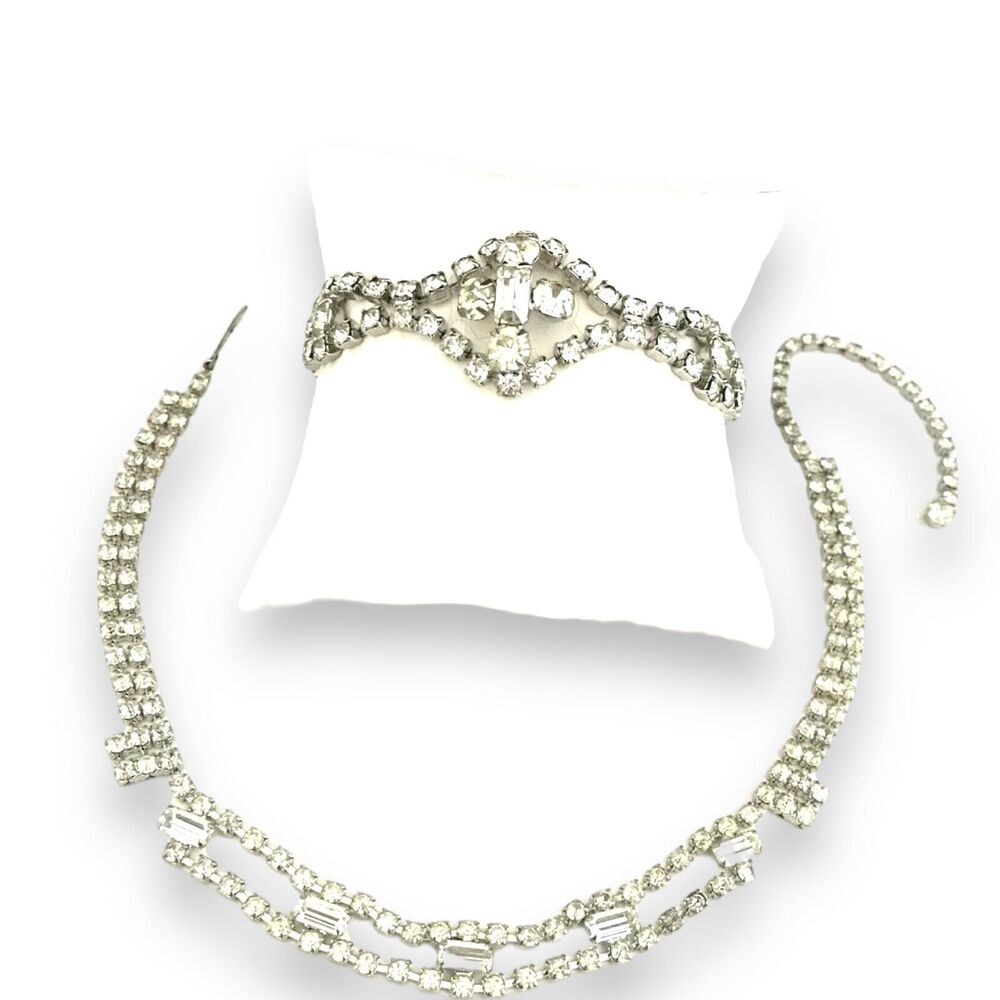 Vintage 1950s Rhinestone Necklace Bracelet Set Silver Tone Parure - 4U